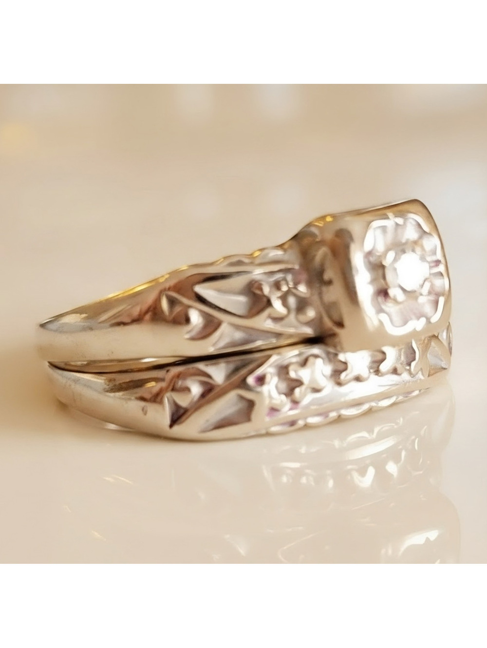 Vintage 14k White Gold 2pc Engagement/Wedding Ring Set Round Diamond Size 4.5